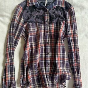 Free Peopel Plaid Flannel Shirt with Lace Detail